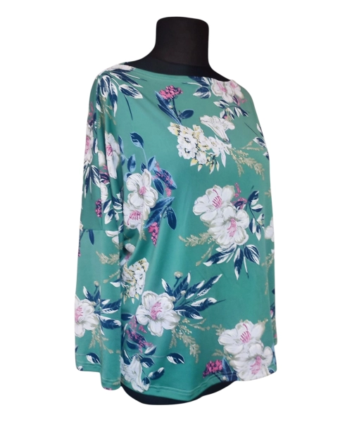 Zielona bluzka z rękawem 3/4 kimono - wzór białe kwiaty